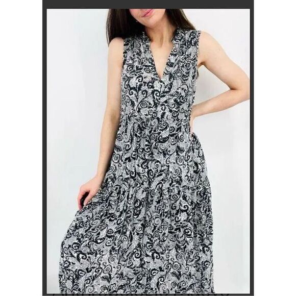 Anthropologie Maeve Marya Tiered black white ruffle shift dress pocket maxi dres - Picture 6 of 14